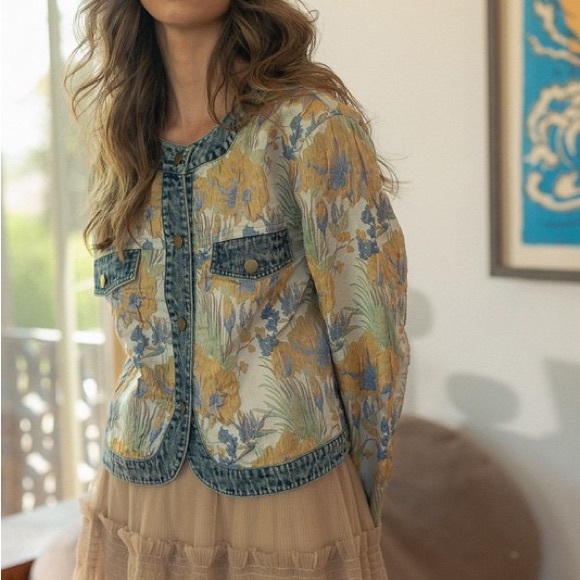 Annie Wear Jackets & Blazers - Annie Wear Floral Jacquard Denim Contrast Button Down Jacket